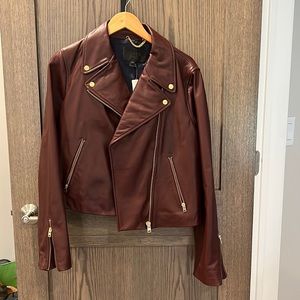 NWT J Crew Collection Burgundy Cropped Leather Moto Jacket, Size 16